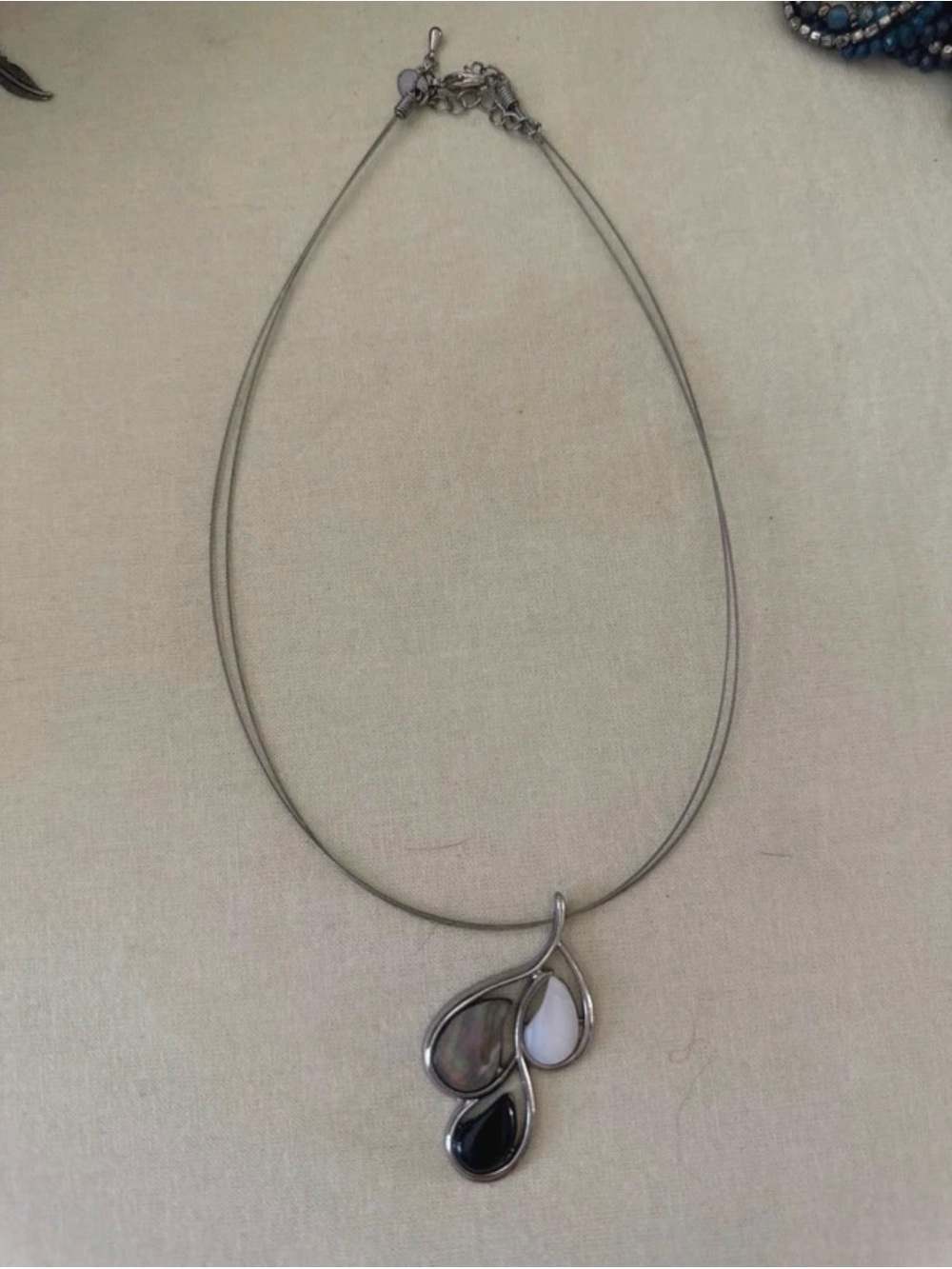Lia Sophia Silver Teardrop Pendant Necklace with Black, Gray and White Inlays